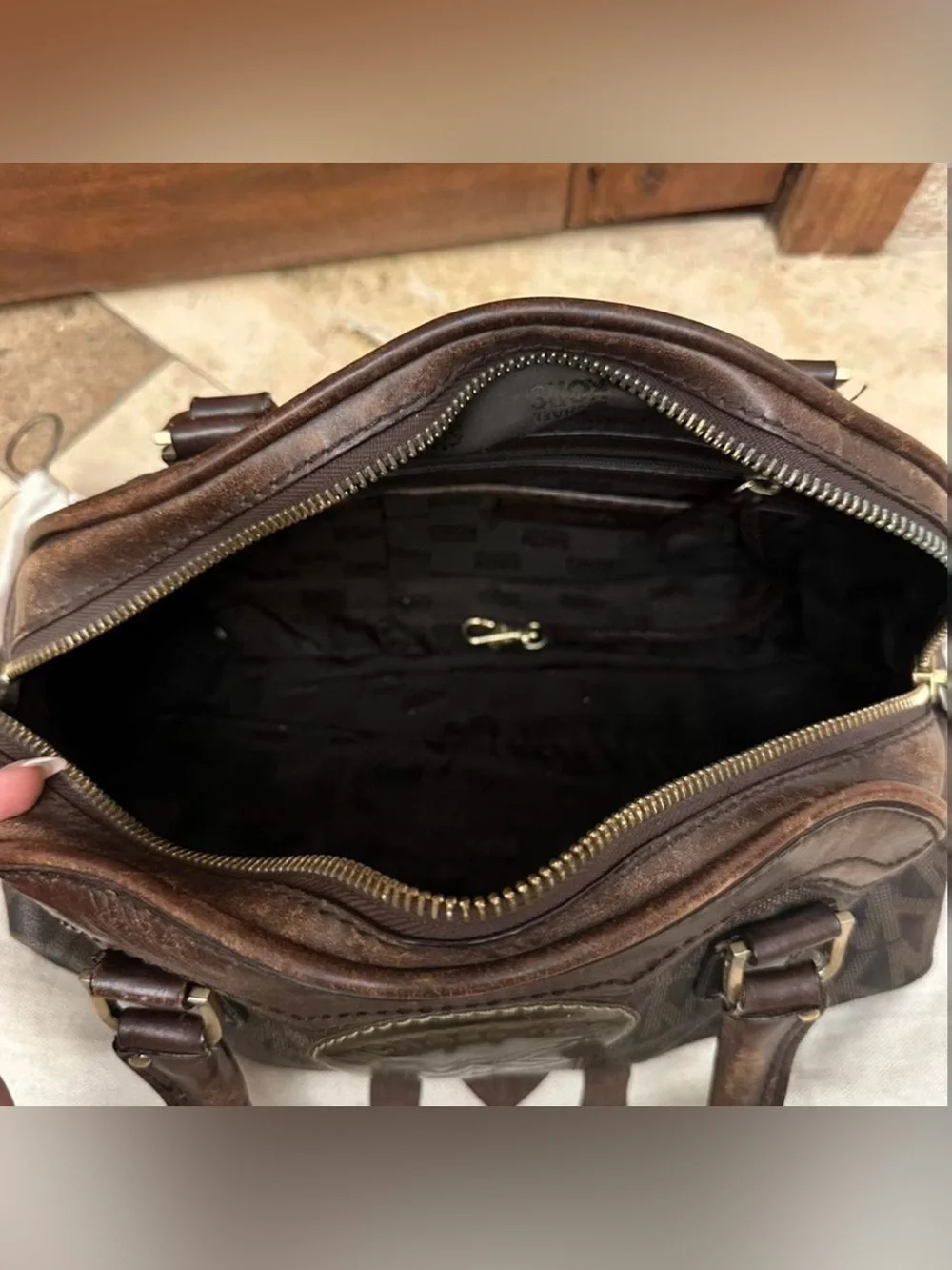Vintage Michael Kors Brown and Beige MK Logo Satchel Purse with Gold Logo